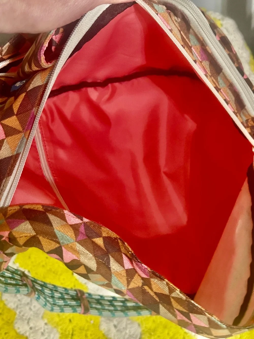 KAVU Sling Bag Multicolor Pink Brown Geometric
